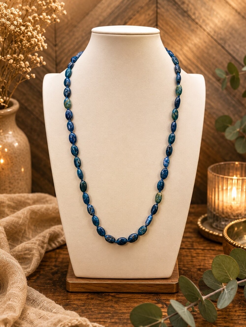 Apatite Oval Bead Hand Knotted Necklace Aprilsplace Artisan 11 Inch